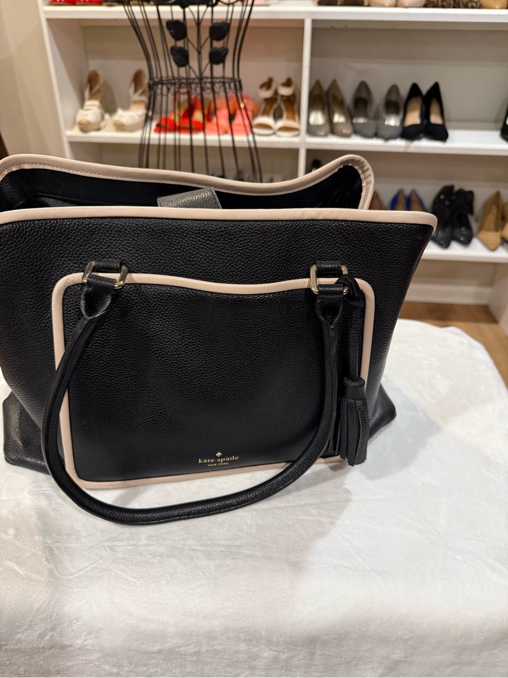 kate spade Black Pebbled Leather Tote with Cream Trim